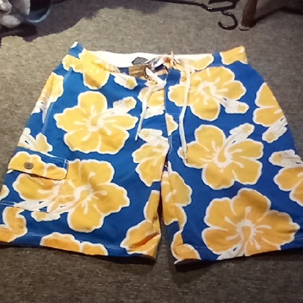 Men's XL Vintage Tommy Hilfiger Blue and Yellow Floral Board Shorts
